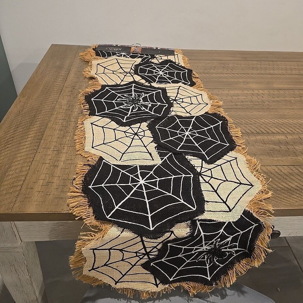 Cynthia Rowley Halloween Creepy Spider Web & Spiders 14 X 52 Burlap Table Runner